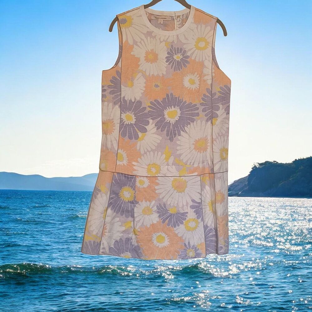 Marc Jacobs NWT Floral Linen Silk Cotton Dress Size 6 | Peach & Grey Luxury